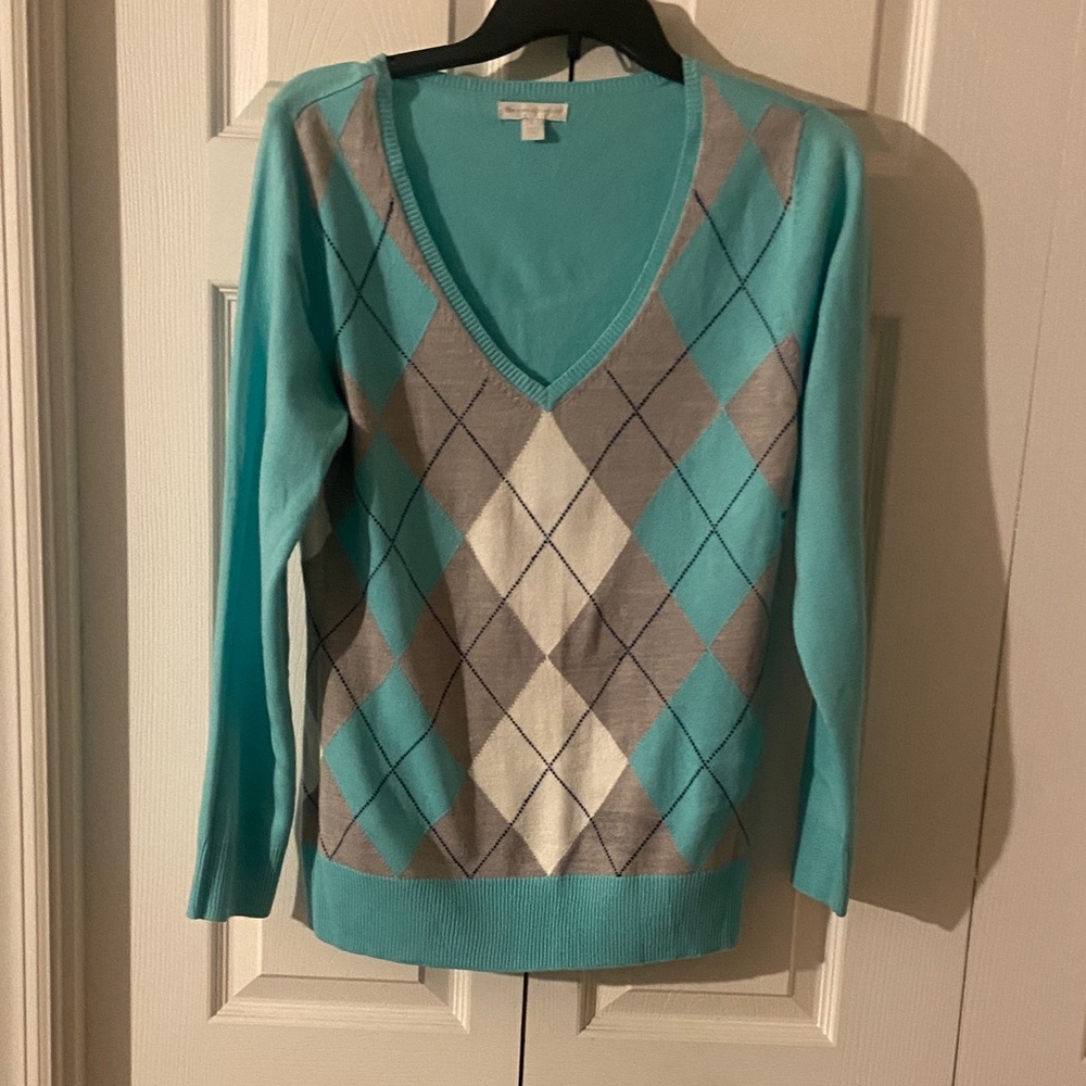 New York & Company V-Neck Sweater - Aqua and Gray Argyle